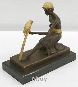 Bronze Art Nouveau Deco Style Sculpture Girl with / Parrot by Chiparus Nr
