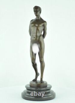 Bronze Statue of a Sexy Nude Man in Art Deco and Art Nouveau Style, Signed