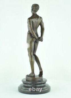 Bronze Statue of a Sexy Nude Man in Art Deco and Art Nouveau Style, Signed