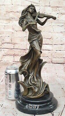 Bronze Woman Playing Violin Art Nouveau Style Signed Collectible Statue