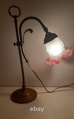 Desk Lamp, Glass Tulip Swan Neck and Brass in Art Nouveau Style 1940-1960