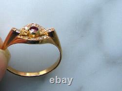 Fine Pink Gold Ring 18 K Ruby Eagle Head 8 Small Diamonds Art Nouveau Style