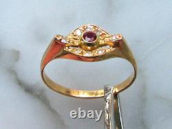 Fine Pink Gold Ring 18 K Ruby Eagle Head 8 Small Diamonds Art Nouveau Style