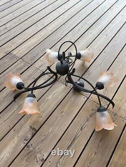 Forged iron Art Nouveau ceiling light with glass tulip lampshades