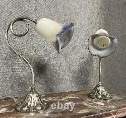 French Glass Pair of Art Nouveau Style Silvered Bronze Lamps