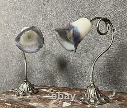 French Glass Pair of Art Nouveau Style Silvered Bronze Lamps