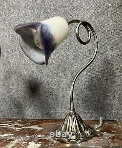 French Glass Pair of Art Nouveau Style Silvered Bronze Lamps