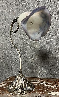 French Glass Pair of Art Nouveau Style Silvered Bronze Lamps