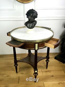 Gueridon Tell Table Bouillotte Marquetry And Marble Top Style L. XVI
