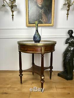 Gueridon Tell Table Bouillotte Marquetry And Marble Top Style L. XVI