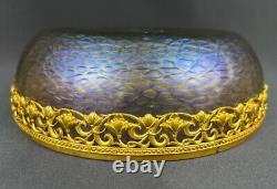 Iridescent glass Art Nouveau vase, gold metal frame. LOETZ KRALIK