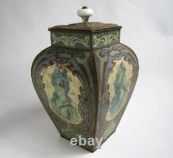 Large Tin Box Art Nouveau Period 1900 Woman Mucha Style