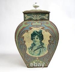 Large Tin Box Art Nouveau Period 1900 Woman Mucha Style