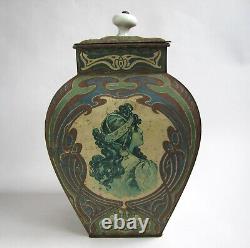 Large Tin Box Art Nouveau Period 1900 Woman Mucha Style