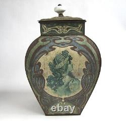 Large Tin Box Art Nouveau Period 1900 Woman Mucha Style