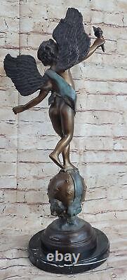 Large Vintage Style Art Nouveau Bronze Sculpture Winged Cupid Nude Male Statue