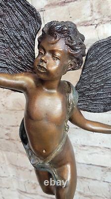 Large Vintage Style Art Nouveau Bronze Sculpture Winged Cupid Nude Male Statue