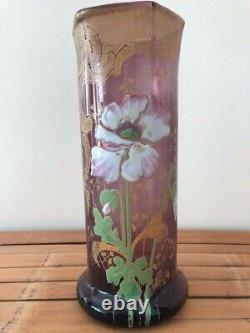 Legras Style Roll Vase In Enamelled Glass Amethyst Art Nouveau 1900