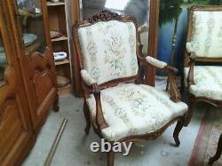 Living Room Sofa Two Armchairs 4 Chairs Style Louis XV Walnut Silk Flowered