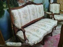 Living Room Sofa Two Armchairs 4 Chairs Style Louis XV Walnut Silk Flowered