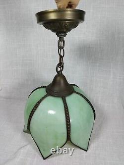 Magnificent glass tulip chandelier lamp in green slag style Art Nouveau