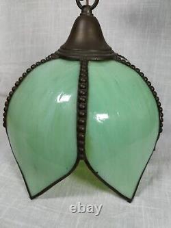 Magnificent glass tulip chandelier lamp in green slag style Art Nouveau