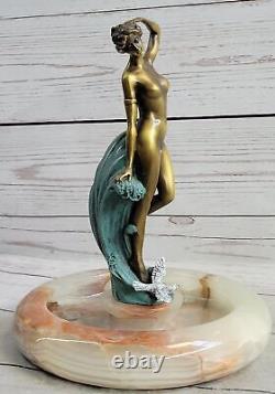 Milo Style Art Nouveau Nude Woman Bronze Ashtray Onyx Base Cast Iron Decor Sale