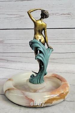 Milo Style Art Nouveau Nude Woman Bronze Ashtray Onyx Base Cast Iron Decor Sale