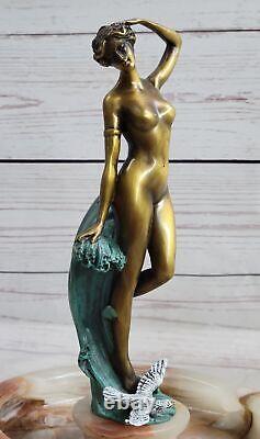 Milo Style Art Nouveau Nude Woman Bronze Ashtray Onyx Base Cast Iron Decor Sale