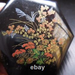 Miniature black jewel box set in Art Nouveau style with Asian flowers Hong Kong N6893