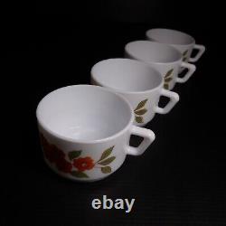 N9832 Arcopal France 4 White Opaline Glass Coffee Cups Art Nouveau Flower Style