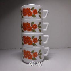 N9832 Arcopal France 4 White Opaline Glass Coffee Cups Art Nouveau Flower Style