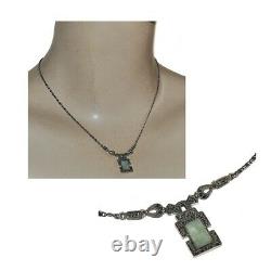 Necklace Antique Art Deco Style In Solid Silver 925 Jade And Marcassite 40cm Jewel
