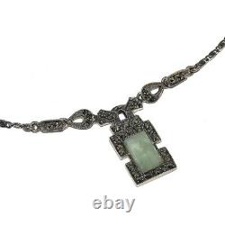 Necklace Antique Art Deco Style In Solid Silver 925 Jade And Marcassite 40cm Jewel