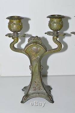Nice Pair Art Nouveau Candlestick Portraits Style Mucha Regulates Patina Bronze