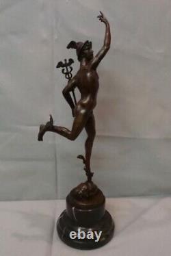 Nude Mercury Statue Sculpture in Art Deco Style, Solid Bronze Signed