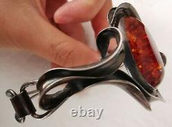 Old Articulated Amber Bracelet In Massive Silver, Signed Mw Style Art Nouveau