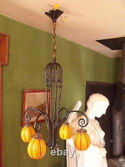 Original Art Deco Art New Ceiling Luminaire Orange Glass Loetz Powolny Style
