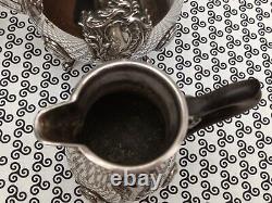P. Meurgey Paris silver-plated metal coffee pot, creamer, and sugar bowl in Louis XV style