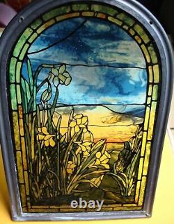 Painted Stained Glass Art Nouveau Window with Daffodils, Signed AMM, Excellent Condition