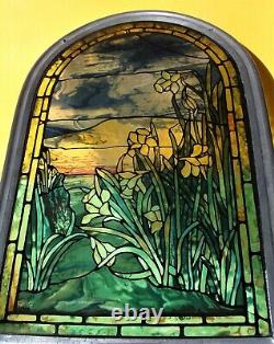 Painted Stained Glass Art Nouveau Window with Daffodils, Signed AMM, Excellent Condition