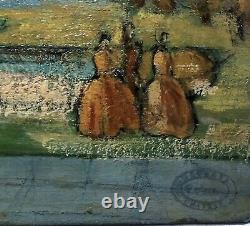 Painting, Oil On Cardboard Elegant Women In A Park, Art Style New