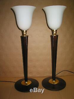 Pair Of 2 Beautiful Art Deco Lamps Or Other Mazda Mahogany And Steel Wood Mass