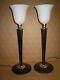 Pair Of 2 Beautiful Art Deco Lamps Or Other Mazda Mahogany And Steel Wood Mass