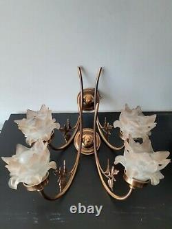 Pair Of Applique Brass In Art Nouveau Style Glass