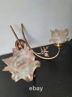 Pair Of Applique Brass In Art Nouveau Style Glass