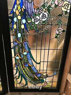 Pair Of Art Nouveau Style Stained Glass Windows With Two Peacocks