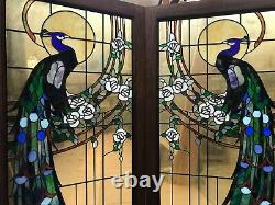 Pair Of Art Nouveau Style Stained Glass Windows With Two Peacocks