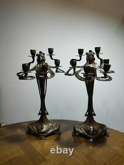 Pair Of Statues/bougeoirs In The Shape Of A Woman, Art Nouveau Style, Old
