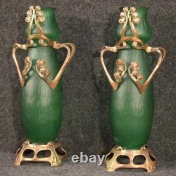 Pair of French Art Nouveau style vintage glass vases with 900 metal collection